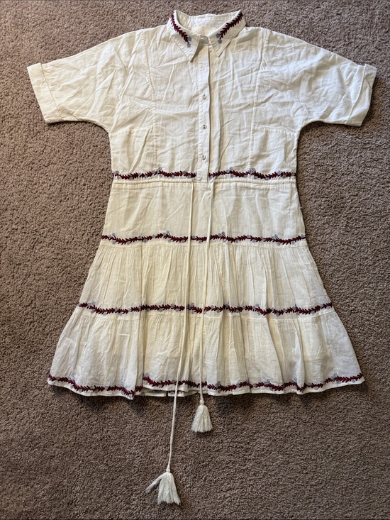 Carolina K Dresses & Skirts - Cream Short-Sleeve Tiered Shirt Dress with Burgundy Trim